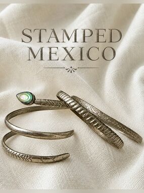 🐍 Set of 3 | Vintage Mexico Serpent Abalone Cuff & 2 Silver Tone Bangles